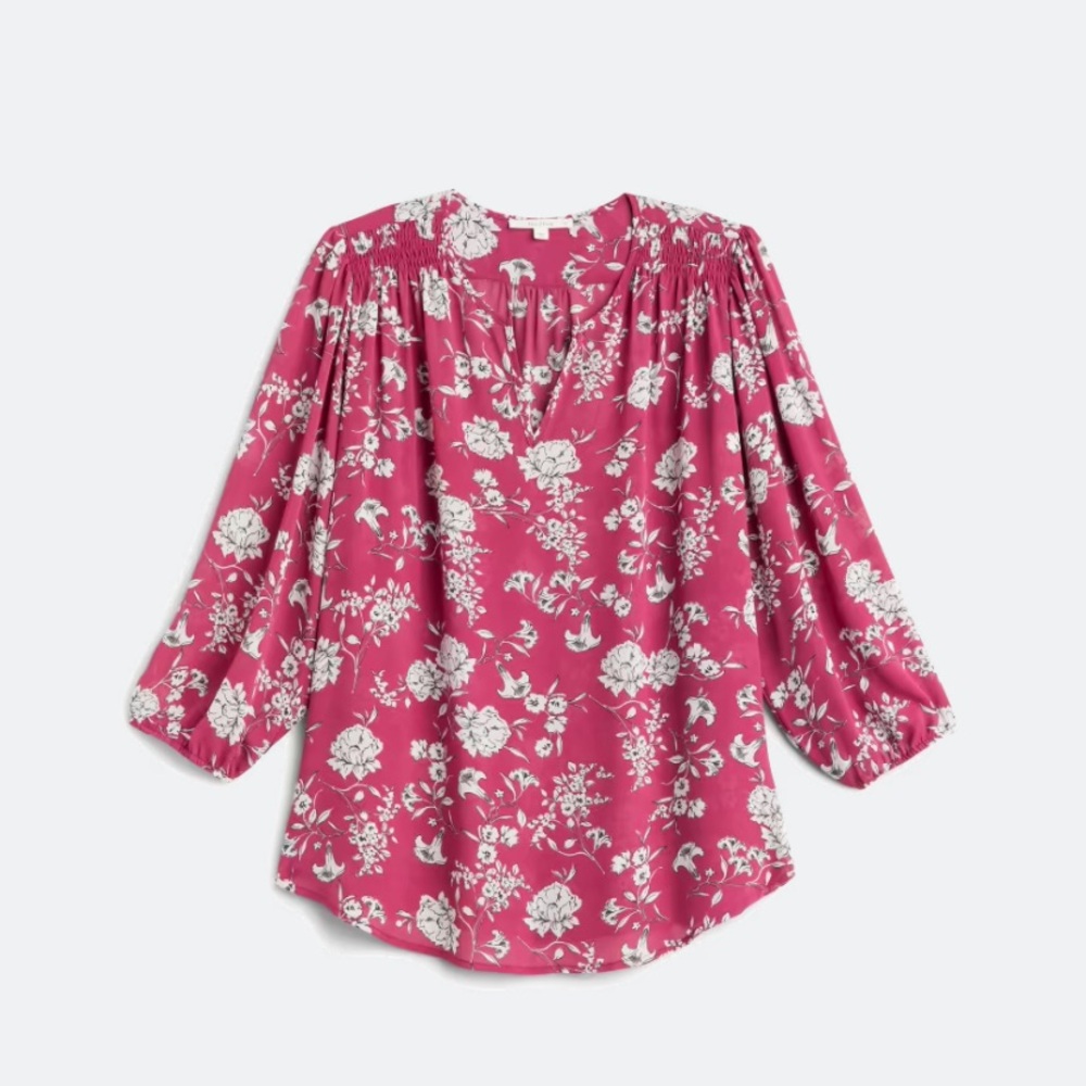 Monday Fun Kinny Split Neck Smocked Shoulder Floral Pink Blouse